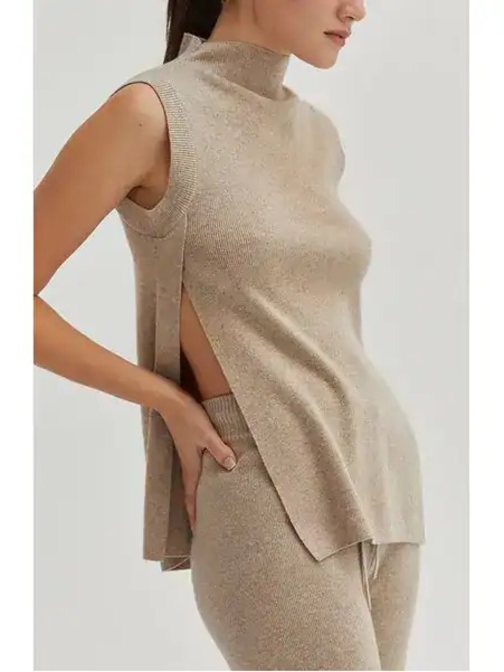 Crescent Sleeveless Mock Neck Tunic Tank in Beige